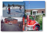 Collage: Municipal Office exterior, hockey game on outdoor rink, Municipal water treatment facility exterior, and front cab door of Fire Truck. 