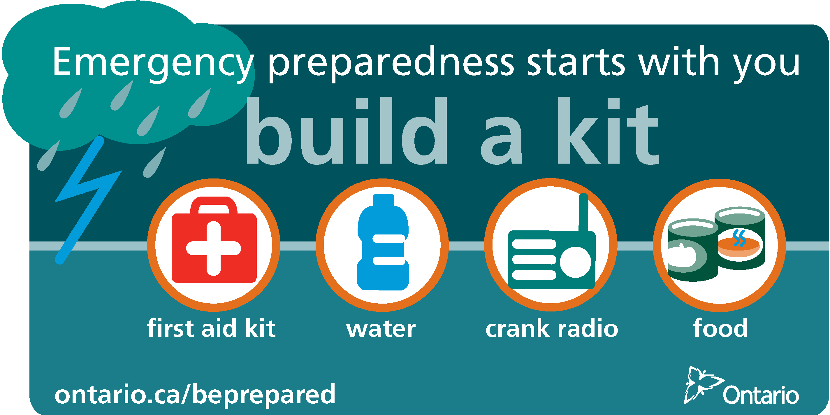 Emergency preparedness starts with you. Build a kit: first aid kit, water, crank radio, food.